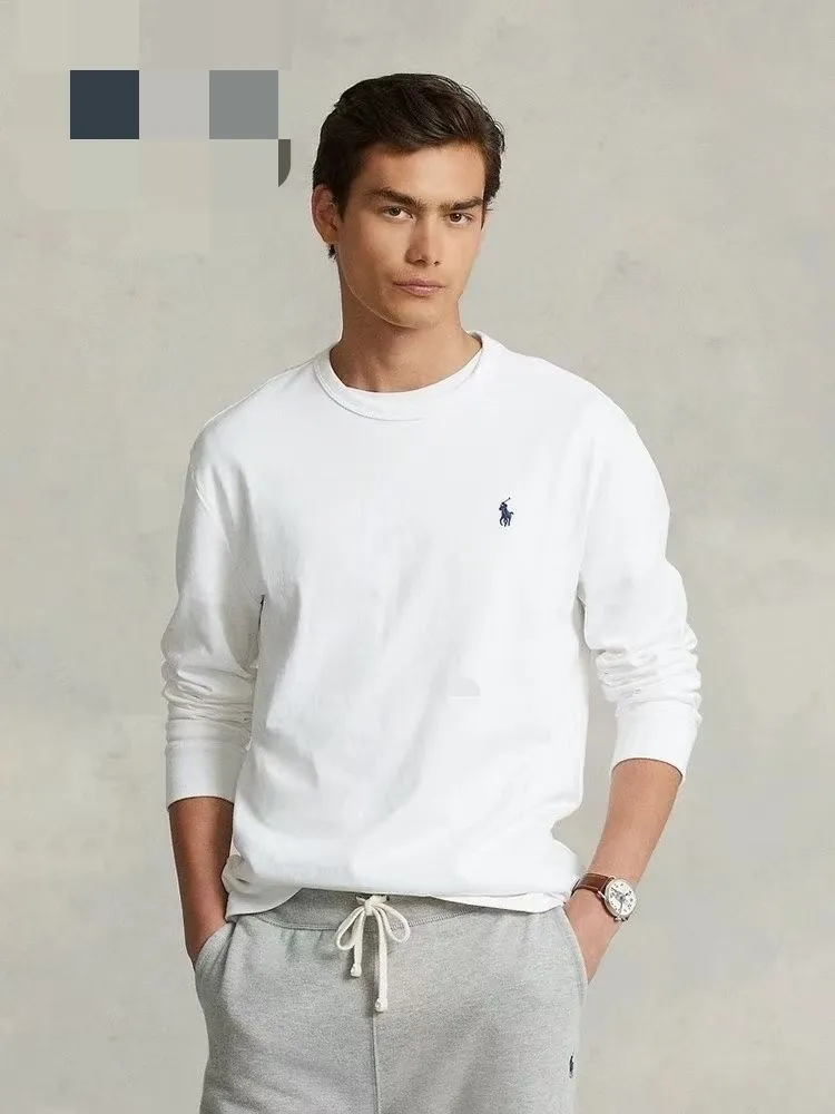 P154 501#Ralph Lauren pony round neck long-sleeved T-shirt Color: Black White Royal Blue Khaki Sky Blue Size: M-XXL Fabric: 230g water-soft cotton Water-soft cotton feels soft, does not pill, does not deform, is moisture-absorbent and breathable